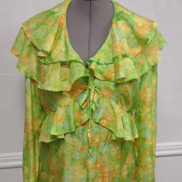 Made In House, Floral Vintage Vibrant Long Sleeve Dress in Green and Orange - Picture 2 of 16